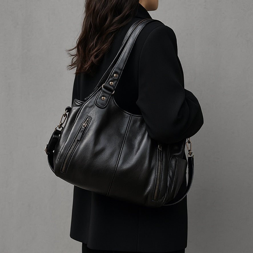 LORENA BARREL-TASCHE – SCHWARZE UMHÄNGETASCHE MIT DETAILS & VIEL PLATZ