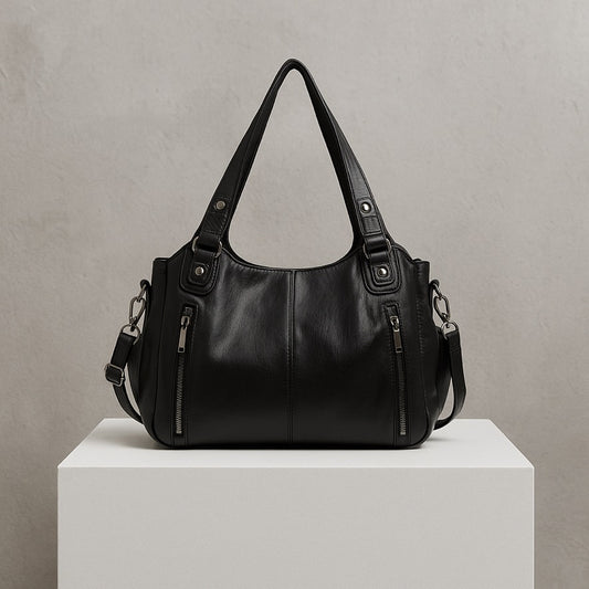 LORENA BARREL-TASCHE – SCHWARZE UMHÄNGETASCHE MIT DETAILS & VIEL PLATZ