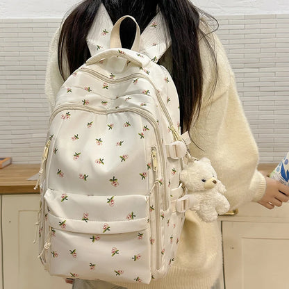 YUKINO SCHULRUCKSACK – CREME MIT PRINT & PLÜSCHANHÄNGER